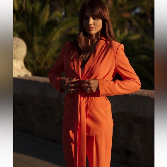 ZARA 2 PIECE BELTED TUXEDO COLLAR BLAZER AND HIGH WAISTED PANTS - Picture 7 of 10